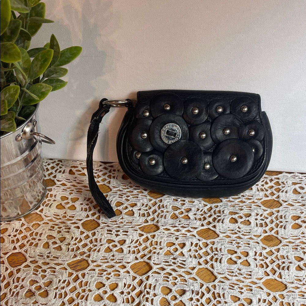 Cole Haan Black Leather Wristlet with Floral Stud Design